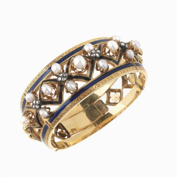 BRACCIALE RIGIDO CON PERLE E DIAMANTI  - Asta Gioielli - Associazione Nazionale - Case d'Asta italiane