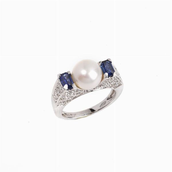 ANELLO CON PERLA ZAFFIRI E DIAMANTI  - Asta Gioielli - Associazione Nazionale - Case d'Asta italiane