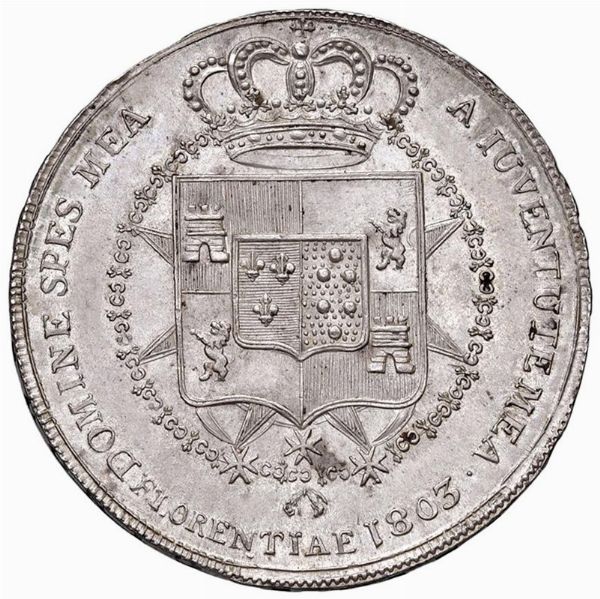 FIRENZE. CARLO LODOVICO DI BORBONE E MARIA LUIGIA (1803-1807) MEZZA DENA 1803  - Asta Medaglie napoleoniche, monete toscane di grande modulo. Aurea: monete e medaglie d'oro - Associazione Nazionale - Case d'Asta italiane