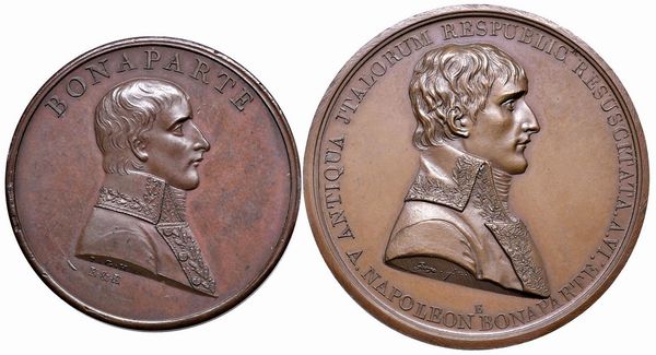 Saggezza nel consiglio, coraggio nel combattimento 1801 op. K & K gr. 29,6 mm. 38; Costituzione della Repubblica Italiana 1802 op. George gr. 47,60 mm. 45  - Asta Medaglie napoleoniche, monete toscane di grande modulo. Aurea: monete e medaglie d'oro - Associazione Nazionale - Case d'Asta italiane