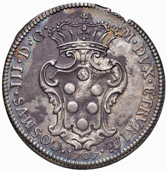 LIVORNO. COSIMO III DE&rsquo; MEDICI (1670-1723) PEZZA DELLA ROSA 1707  - Asta Medaglie napoleoniche, monete toscane di grande modulo. Aurea: monete e medaglie d'oro - Associazione Nazionale - Case d'Asta italiane