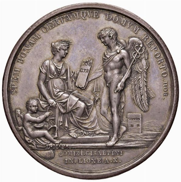 MEDAGLIA IN ARGENTO PER L&rsquo;APERTURA DEI COMIZI DI LIONE, COSTITUZIONE DELLA REPUBBLICA ITALIANA OP. MANFREDINI ANNO X (1802)  - Asta Medaglie napoleoniche, monete toscane di grande modulo. Aurea: monete e medaglie d'oro - Associazione Nazionale - Case d'Asta italiane