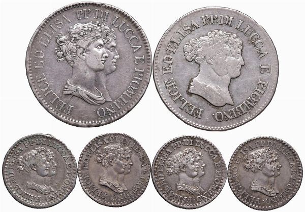 LUCCA. SEI MONETE DI ELISA BONAPARTE E FELICE BACIOCCHI  - Asta Medaglie napoleoniche, monete toscane di grande modulo. Aurea: monete e medaglie d'oro - Associazione Nazionale - Case d'Asta italiane