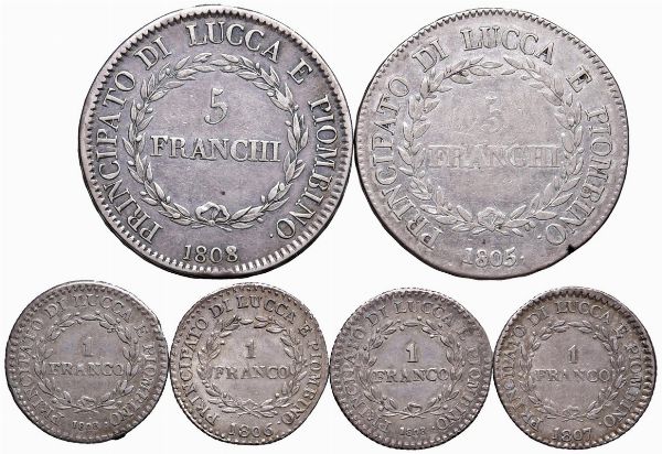 LUCCA. SEI MONETE DI ELISA BONAPARTE E FELICE BACIOCCHI  - Asta Medaglie napoleoniche, monete toscane di grande modulo. Aurea: monete e medaglie d'oro - Associazione Nazionale - Case d'Asta italiane