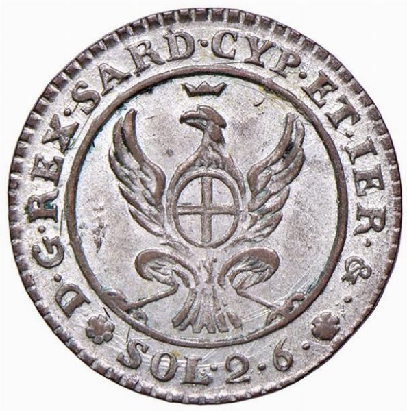 REGNO DI SARDEGNA. VITTORIO EMANUELE I (1802-1821) 2,6 SOLDI 1815  - Asta Medaglie napoleoniche, monete toscane di grande modulo. Aurea: monete e medaglie d'oro - Associazione Nazionale - Case d'Asta italiane