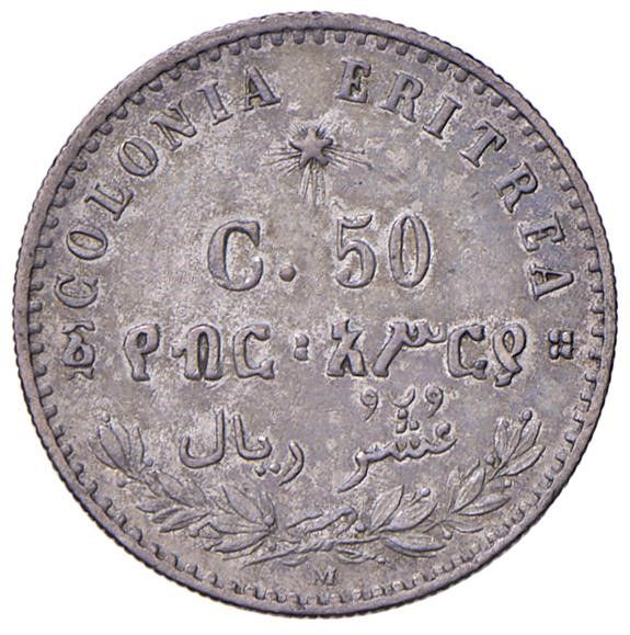 REGNO D&rsquo;ITALIA. COLONIA ERITREA. UMBERTO I (1890-1896) 50 CENTESIMI 1890  - Asta Medaglie napoleoniche, monete toscane di grande modulo. Aurea: monete e medaglie d'oro - Associazione Nazionale - Case d'Asta italiane