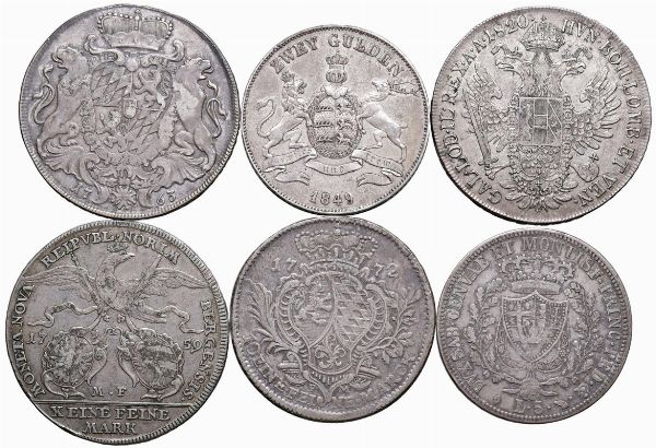 VARI STATI. QUATTRO TALLERI (1763, 1772, 1759, 1829), 2 GULDEN 1849 E 5 LIRE 1825  - Asta Medaglie napoleoniche, monete toscane di grande modulo. Aurea: monete e medaglie d'oro - Associazione Nazionale - Case d'Asta italiane