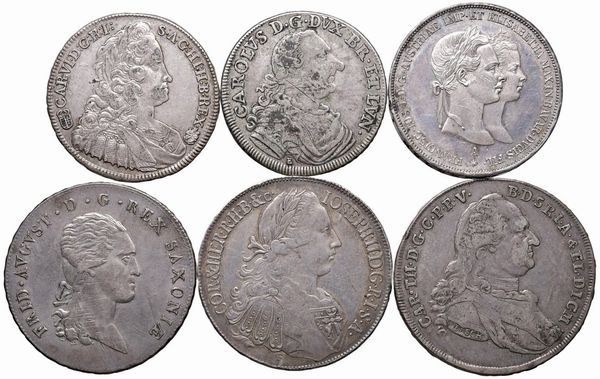 VARI STATI. CINQUE TALLERI (1739, 1763, 1766, 1786, 1816) E UN GULDEN DI FRANCESCO GIUSEPPE 1854  - Asta Medaglie napoleoniche, monete toscane di grande modulo. Aurea: monete e medaglie d'oro - Associazione Nazionale - Case d'Asta italiane