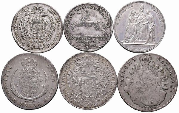 VARI STATI. CINQUE TALLERI (1739, 1763, 1766, 1786, 1816) E UN GULDEN DI FRANCESCO GIUSEPPE 1854  - Asta Medaglie napoleoniche, monete toscane di grande modulo. Aurea: monete e medaglie d'oro - Associazione Nazionale - Case d'Asta italiane