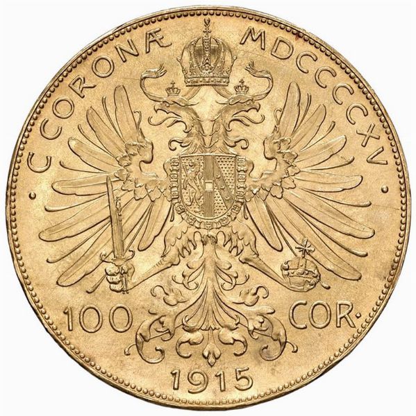 AUSTRIA. FRANCESCO GIUSEPPE (1848-1916) 100 CORONE 1915 RICONIO  - Asta Medaglie napoleoniche, monete toscane di grande modulo. Aurea: monete e medaglie d'oro - Associazione Nazionale - Case d'Asta italiane