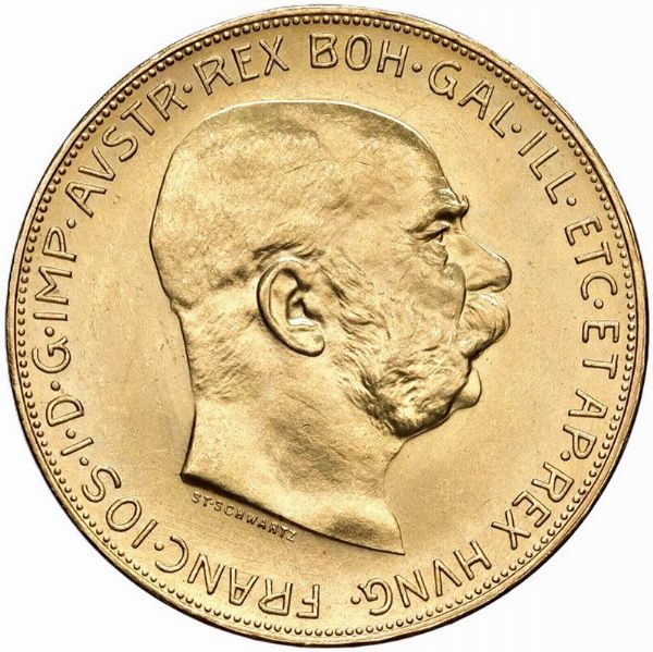 AUSTRIA. FRANCESCO GIUSEPPE (1848-1916) 100 CORONE 1915 RICONIO  - Asta Medaglie napoleoniche, monete toscane di grande modulo. Aurea: monete e medaglie d'oro - Associazione Nazionale - Case d'Asta italiane