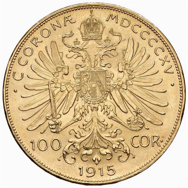 AUSTRIA. FRANCESCO GIUSEPPE (1848-1916) 100 CORONE 1915 RICONIO  - Asta Medaglie napoleoniche, monete toscane di grande modulo. Aurea: monete e medaglie d'oro - Associazione Nazionale - Case d'Asta italiane