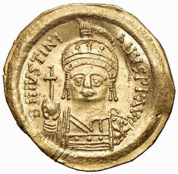 BISANZIO. GIUSTINIANO I (525-565). ZECCA DI ROMA. SOLIDO  - Asta Medaglie napoleoniche, monete toscane di grande modulo. Aurea: monete e medaglie d'oro - Associazione Nazionale - Case d'Asta italiane