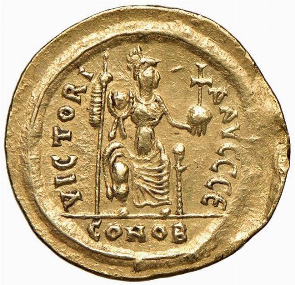 BISANZIO. GIUSTINIANO II (565-578). ZECCA DI CARTAGINE. SOLIDO  - Asta Medaglie napoleoniche, monete toscane di grande modulo. Aurea: monete e medaglie d'oro - Associazione Nazionale - Case d'Asta italiane