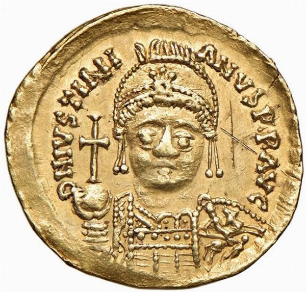 BISANZIO. GIUSTINIANO I (525-565). ZECCA DI ROMA. SOLIDO  - Asta Medaglie napoleoniche, monete toscane di grande modulo. Aurea: monete e medaglie d'oro - Associazione Nazionale - Case d'Asta italiane