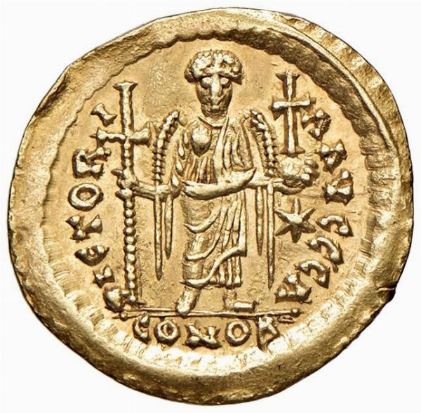 BISANZIO. GIUSTINIANO I (525-565). ZECCA DI ROMA. SOLIDO  - Asta Medaglie napoleoniche, monete toscane di grande modulo. Aurea: monete e medaglie d'oro - Associazione Nazionale - Case d'Asta italiane