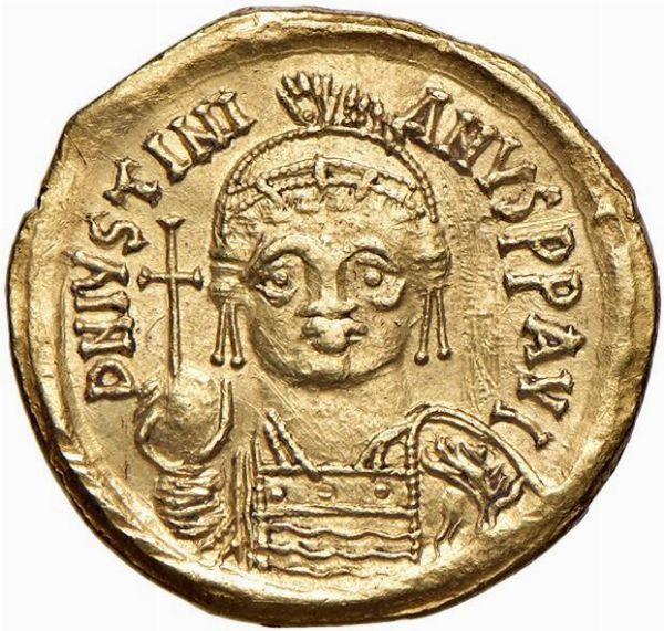 BISANZIO. GIUSTINIANO I (525-565). ZECCA DI CARTAGINE. SOLIDO  - Asta Medaglie napoleoniche, monete toscane di grande modulo. Aurea: monete e medaglie d'oro - Associazione Nazionale - Case d'Asta italiane
