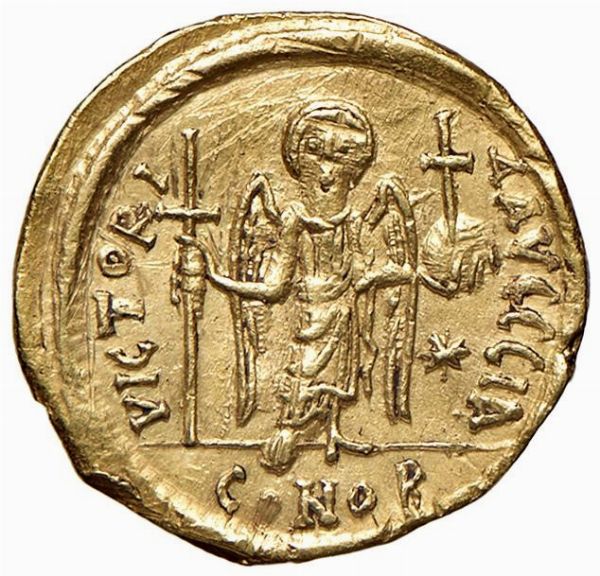 BISANZIO. GIUSTINIANO I (525-565). ZECCA DI CARTAGINE. SOLIDO  - Asta Medaglie napoleoniche, monete toscane di grande modulo. Aurea: monete e medaglie d'oro - Associazione Nazionale - Case d'Asta italiane