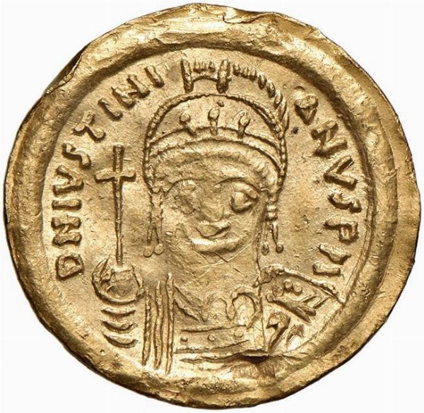 BISANZIO. GIUSTINIANO I (525-565). ZECCA DI RAVENNA. SOLIDO  - Asta Medaglie napoleoniche, monete toscane di grande modulo. Aurea: monete e medaglie d'oro - Associazione Nazionale - Case d'Asta italiane