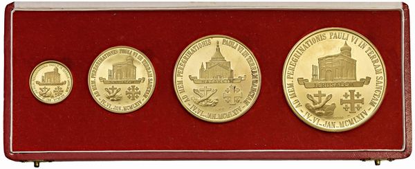 VATICANO. EMISSIONE COMMEMORATIVA DEL PELLEGRINAGGIO DI PAOLO VI IN TERRASANTA 1964 OPUS COLOMBO & MINA COMPOSTA DA QUATTRO MEDAGLIE IN ORO  - Asta Medaglie napoleoniche, monete toscane di grande modulo. Aurea: monete e medaglie d'oro - Associazione Nazionale - Case d'Asta italiane
