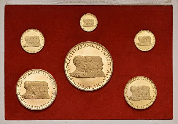 SEI MEDAGLIE IN ORO PER IL PRIMO CENTENARIO DELL�UNITA� D�ITALIA (1861-1961) OPUS GIAMPAOLI IN ASTUCCIO  - Asta Medaglie napoleoniche, monete toscane di grande modulo. Aurea: monete e medaglie d'oro - Associazione Nazionale - Case d'Asta italiane