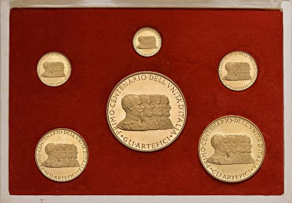 SEI MEDAGLIE IN ORO PER IL PRIMO CENTENARIO DELL&rsquo;UNITA&rsquo; D&rsquo;ITALIA (1861-1961) OPUS GIAMPAOLI IN ASTUCCIO  - Asta Medaglie napoleoniche, monete toscane di grande modulo. Aurea: monete e medaglie d'oro - Associazione Nazionale - Case d'Asta italiane