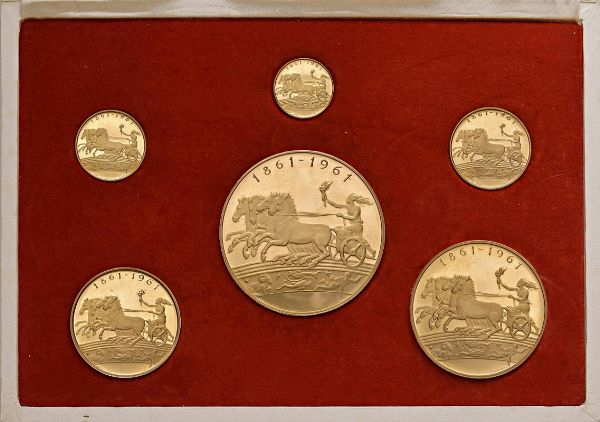 SEI MEDAGLIE IN ORO PER IL PRIMO CENTENARIO DELL&rsquo;UNITA&rsquo; D&rsquo;ITALIA (1861-1961) OPUS GIAMPAOLI IN ASTUCCIO  - Asta Medaglie napoleoniche, monete toscane di grande modulo. Aurea: monete e medaglie d'oro - Associazione Nazionale - Case d'Asta italiane