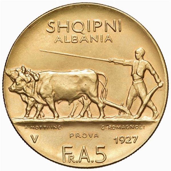 RIPRODUZIONE CINQUE FRANGA ALBANESI IN ORO  - Asta Medaglie napoleoniche, monete toscane di grande modulo. Aurea: monete e medaglie d'oro - Associazione Nazionale - Case d'Asta italiane