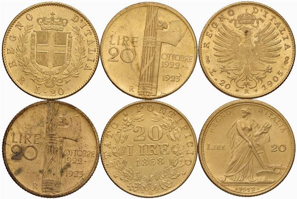 RIPRODUZIONE DI SEI MONETE SABAUDE IN ORO  - Asta Medaglie napoleoniche, monete toscane di grande modulo. Aurea: monete e medaglie d'oro - Associazione Nazionale - Case d'Asta italiane