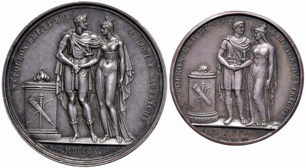 DUE MEDAGLIE NAPOLEONICHE IN ARGENTO PER IL MATRIMONIO DI NAPOLEONE I E MARIA LUIGIA D&rsquo;AUSTRIA A PARIGI 1810 OP. ANDRIEU (GR. 17,7 MM. 32) E GALLE (GR. 7 MM. 27)  - Asta Medaglie napoleoniche, monete toscane di grande modulo. Aurea: monete e medaglie d'oro - Associazione Nazionale - Case d'Asta italiane