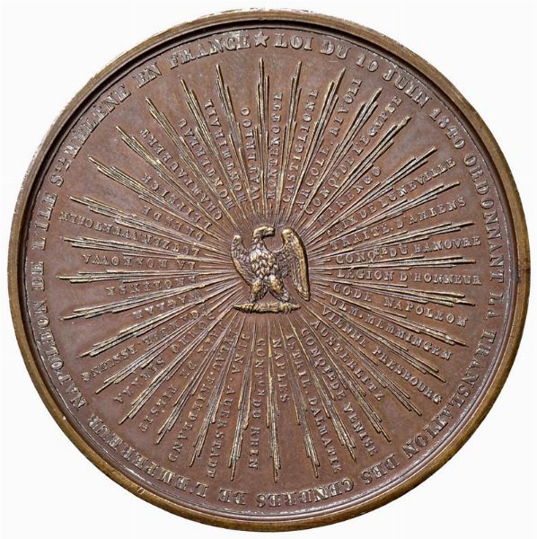 MEDAGLIA NAPOLEONICA IN BRONZO PER LA TRASLAZIONE DELLE CENERI DELL&rsquo;IMPERATORE DA SANT&rsquo;ELENA A PARIGI 1840  - Asta Medaglie napoleoniche, monete toscane di grande modulo. Aurea: monete e medaglie d'oro - Associazione Nazionale - Case d'Asta italiane