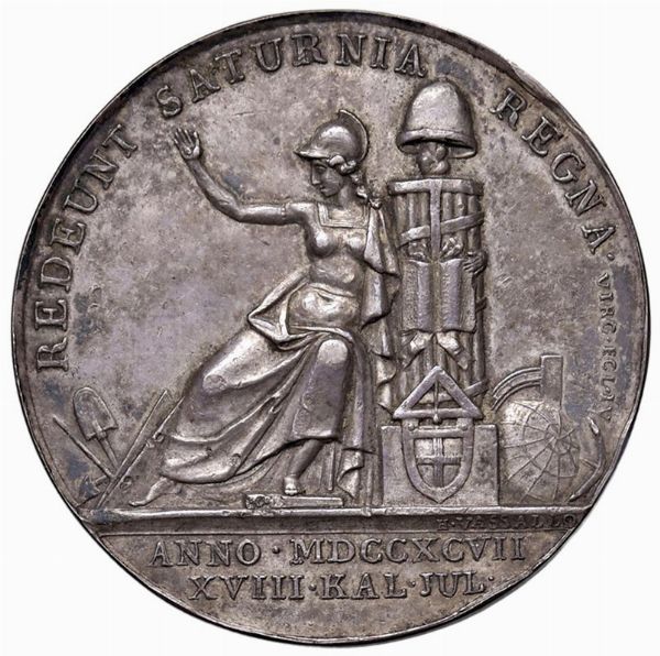 MEDAGLIA IN ARGENTO DI BENEMERENZA DELL&rsquo;ACCADEMIA LIGUSTICA DI BELLE ARTI 1758 OPUS VASSALLO  - Asta Medaglie napoleoniche, monete toscane di grande modulo. Aurea: monete e medaglie d'oro - Associazione Nazionale - Case d'Asta italiane