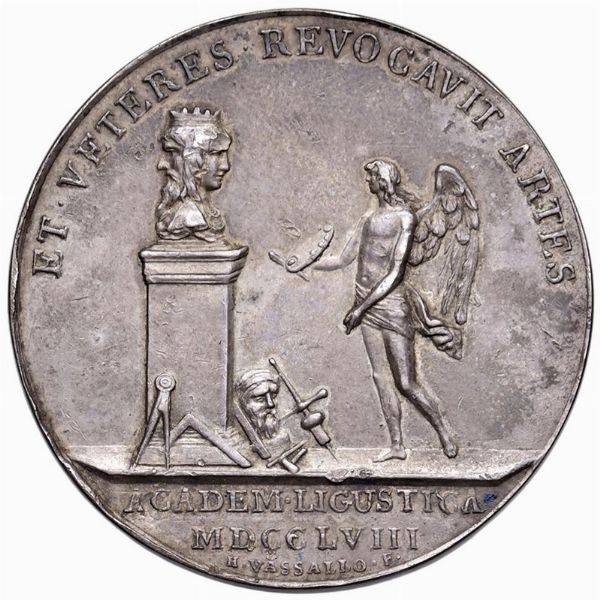 MEDAGLIA IN ARGENTO DI BENEMERENZA DELL&rsquo;ACCADEMIA LIGUSTICA DI BELLE ARTI 1758 OPUS VASSALLO  - Asta Medaglie napoleoniche, monete toscane di grande modulo. Aurea: monete e medaglie d'oro - Associazione Nazionale - Case d'Asta italiane