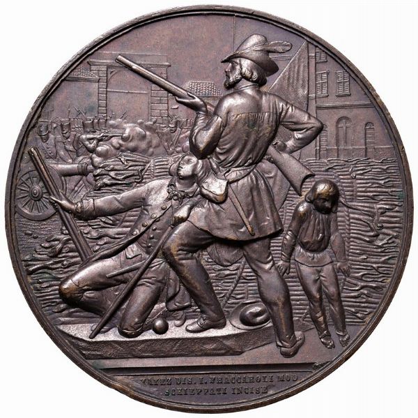 MEDAGLIA IN BRONZO 1858 A RICORDO DELLE 5 GIORNATE DI MILANO OMAGGIO DEI MILANESI A VITTORIO EMANUELE II OP. HAEZ-SCHIEPPATI E FRACCAROLI-JOHNSON  - Asta Medaglie napoleoniche, monete toscane di grande modulo. Aurea: monete e medaglie d'oro - Associazione Nazionale - Case d'Asta italiane