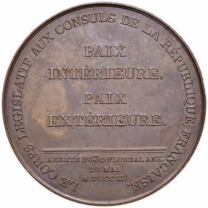 MEDAGLIA IN BRONZO PER LA PROMULGAZIONE DEL TRATTATO D&rsquo;AMIENS 1802 OP. JEUFFROY  - Asta Medaglie napoleoniche, monete toscane di grande modulo. Aurea: monete e medaglie d'oro - Associazione Nazionale - Case d'Asta italiane