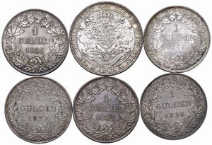 CINQUE GULDEN AUSTRIACI (1837, 1838, 1840, 1841, 1855) E UN TALLERO SASSONE 1865  - Asta Medaglie napoleoniche, monete toscane di grande modulo. Aurea: monete e medaglie d'oro - Associazione Nazionale - Case d'Asta italiane