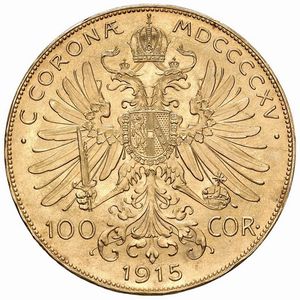 AUSTRIA. FRANCESCO GIUSEPPE (1848-1916) 100 CORONE 1915 RICONIO  - Asta Medaglie napoleoniche, monete toscane di grande modulo. Aurea: monete e medaglie d'oro - Associazione Nazionale - Case d'Asta italiane