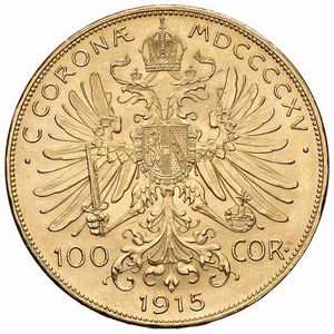 AUSTRIA. FRANCESCO GIUSEPPE (1848-1916) 100 CORONE 1915 RICONIO  - Asta Medaglie napoleoniche, monete toscane di grande modulo. Aurea: monete e medaglie d'oro - Associazione Nazionale - Case d'Asta italiane