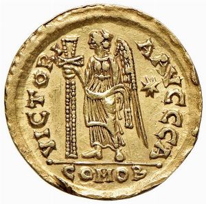 OSTROGOTI. TEODORICO (493-526) A NOME DI ANASTASIO (491-518). ZECCA DI ROMA. SOLIDO  - Asta Medaglie napoleoniche, monete toscane di grande modulo. Aurea: monete e medaglie d'oro - Associazione Nazionale - Case d'Asta italiane