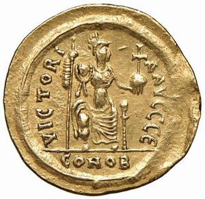 BISANZIO. GIUSTINIANO II (565-578). ZECCA DI CARTAGINE. SOLIDO  - Asta Medaglie napoleoniche, monete toscane di grande modulo. Aurea: monete e medaglie d'oro - Associazione Nazionale - Case d'Asta italiane