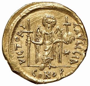 BISANZIO. GIUSTINIANO I (525-565). ZECCA DI CARTAGINE. SOLIDO  - Asta Medaglie napoleoniche, monete toscane di grande modulo. Aurea: monete e medaglie d'oro - Associazione Nazionale - Case d'Asta italiane