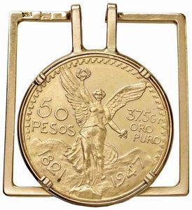 PENDENTE IN ORO GIALLO 18K RECANTE AL CENTRO MONETA DA 50 PESOS  - Asta Medaglie napoleoniche, monete toscane di grande modulo. Aurea: monete e medaglie d'oro - Associazione Nazionale - Case d'Asta italiane