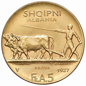 RIPRODUZIONE CINQUE FRANGA ALBANESI IN ORO  - Asta Medaglie napoleoniche, monete toscane di grande modulo. Aurea: monete e medaglie d'oro - Associazione Nazionale - Case d'Asta italiane