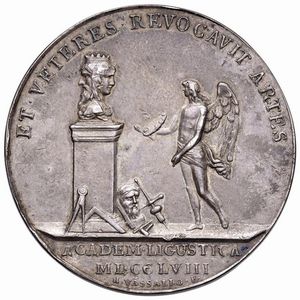 MEDAGLIA IN ARGENTO DI BENEMERENZA DELL&rsquo;ACCADEMIA LIGUSTICA DI BELLE ARTI 1758 OPUS VASSALLO  - Asta Medaglie napoleoniche, monete toscane di grande modulo. Aurea: monete e medaglie d'oro - Associazione Nazionale - Case d'Asta italiane