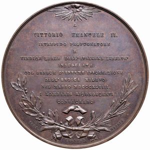 MEDAGLIA IN BRONZO 1858 A RICORDO DELLE 5 GIORNATE DI MILANO OMAGGIO DEI MILANESI A VITTORIO EMANUELE II OP. HAEZ-SCHIEPPATI E FRACCAROLI-JOHNSON  - Asta Medaglie napoleoniche, monete toscane di grande modulo. Aurea: monete e medaglie d'oro - Associazione Nazionale - Case d'Asta italiane