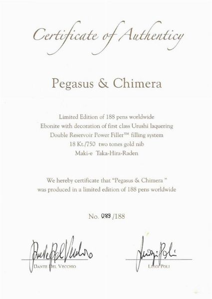 VISCONTI : VISCONTI "CREATURE SOPRANNATURALI" - PEGASUS E CHIMERA- EDIZIONE LIMITATA MAKI-E PENNA STILOGRAFICA N. 089/188  - Asta Orologi e penne - Associazione Nazionale - Case d'Asta italiane
