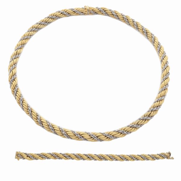 Parure maglia a torchon in oro giallo e bianco 18kt  - Asta Gioielli Orologi e Fashion Vintage - Associazione Nazionale - Case d'Asta italiane