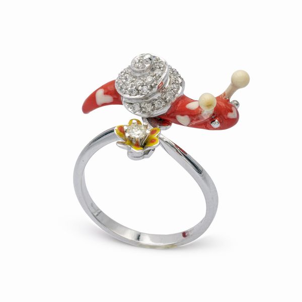 Anello chiocciola in oro bianco 18kt smalto e diamanti  - Asta Gioielli Orologi e Fashion Vintage - Associazione Nazionale - Case d'Asta italiane