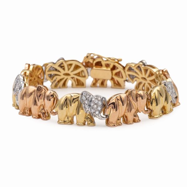 Bracciale elefanti in oro a tre colori 18kt e diamanti  - Asta Gioielli Orologi e Fashion Vintage - Associazione Nazionale - Case d'Asta italiane