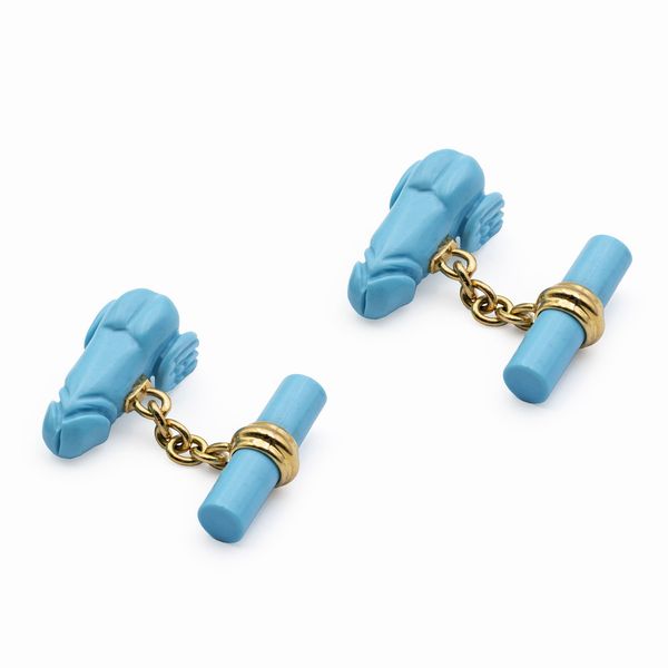 Gemelli simbolo fallico in oro giallo 18kt  e turchese  - Asta Gioielli Orologi e Fashion Vintage - Associazione Nazionale - Case d'Asta italiane